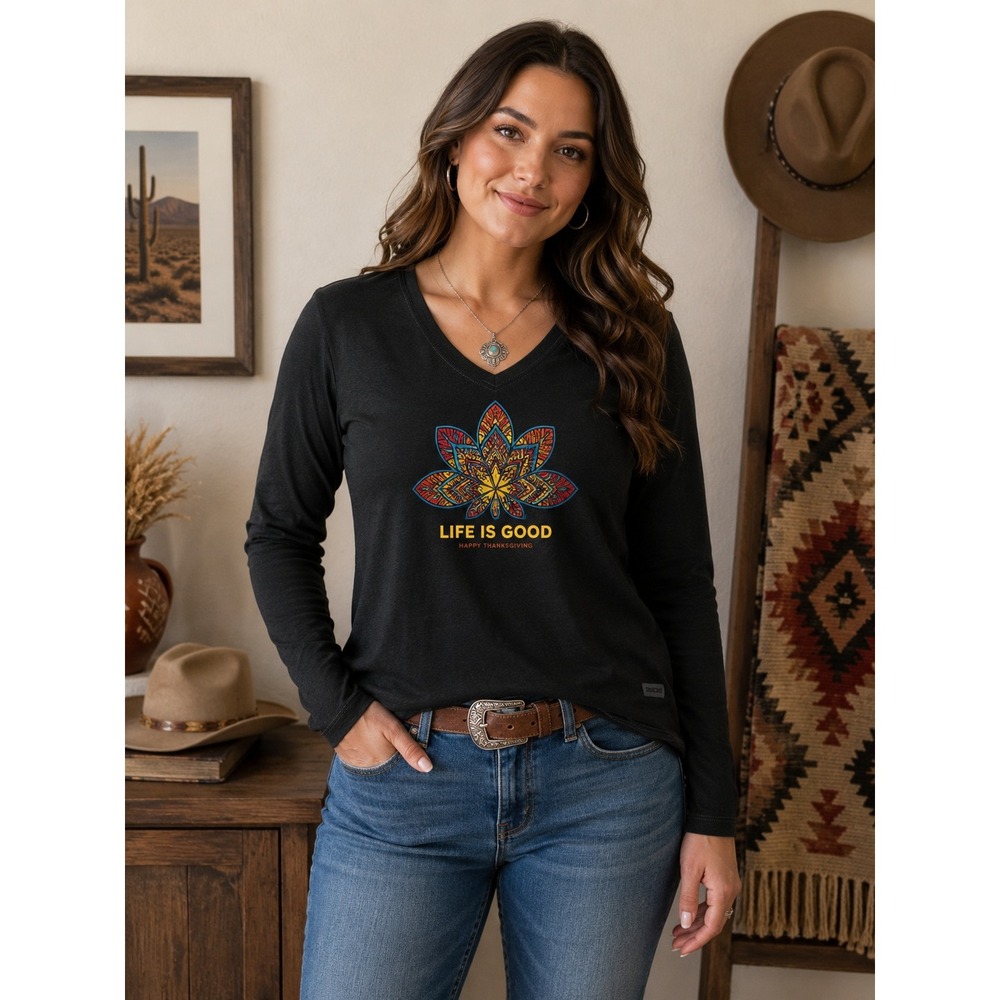 Life is Good Crusher Tee Womens Medium Black Happy Thanksgiving Turkey Mandala